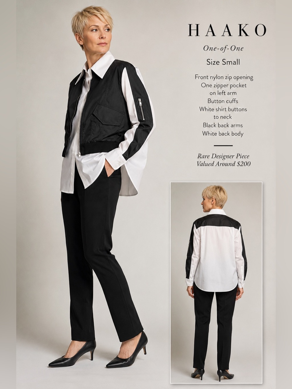Haako Black & White Cropped Bomber Jacket Shirt